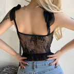 Black Lace Sheer Bow Tie Corset Top