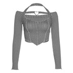 Cute Sexy Plaid Halter Slash Neck Hollow Long Sleeve Shirt Crop Top Punk Summer Aesthetic Casual E-Girl Kawaii Korean Japanese Harajuku
