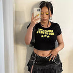 Yellow Funny Own Stunts Graphic Print Short Sleeve Shirt Crop Top Summer Aesthetic Casual E-Girl Kawaii Korean Japanese Harajuku