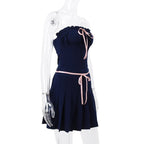 2PCS Blue Bow Strapless Top + Pleated Low Waist Skirt