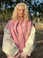 Pink Embroidery Patchwork Varsity Jacket