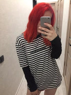 Cute Casual Letter Stripe Patchwork Long Sleeve Tee Shirt T-shirt Top Spring Summer O-neck E-Girl Kawaii Korean Japanese Harajuku Retro Streetwear