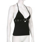 Black Belt Bandage V Neck Backless Halter Top
