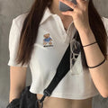 Teddy Bear Embroidery Polo Collar Short Sleeve Shirt
