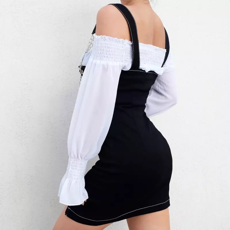 Sexy Black Casual Chain Metal Sling Belt Zipper Short Mini Dress Punk Goth E-Girl Kawaii Korean Japanese Harajuku Streetwear
