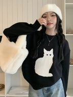 Black Cat Print Long Sleeve Sweater