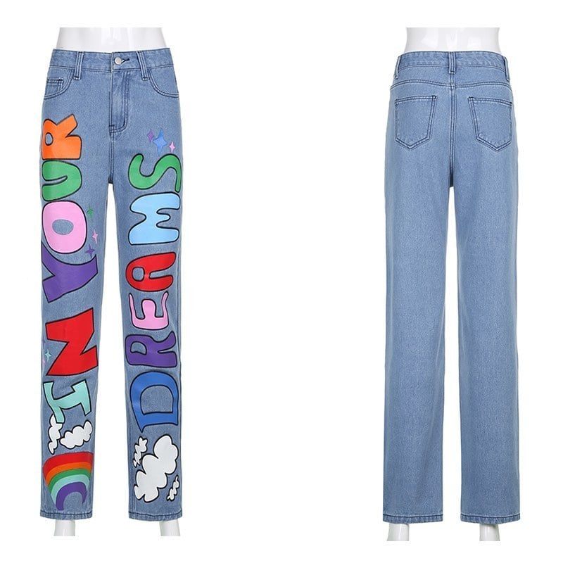 Cute Vintage 90s Rainbow Colorful Print Denim High Waisted Wide Leg Baggy Pants Punk Goth Aesthetic E-Girl Kawaii Korean Japanese Harajuku Streetwear