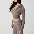 2PCS Twist Knit Hooded Zipper Sweater + Shorts