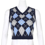 Vintage Plaid V Neck Sleeveless Sweater Vest Knit Crop Top Preppy Causal Pullover E-Girl Kawaii Korean Japanese Harajuku Streetwear