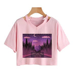 Cute Vintage Mountain Road Moon Night Sky Print Crop Top Short Sleeve Shirt Aesthetic Casual E-Girl Kawaii Korean Japanese Harajuku