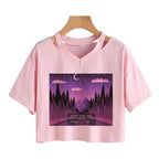 Cute Vintage Mountain Road Moon Night Sky Print Crop Top Short Sleeve Shirt Aesthetic Casual E-Girl Kawaii Korean Japanese Harajuku