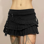 Black Denim Pleated Low Waist Irregular Mini Skirt
