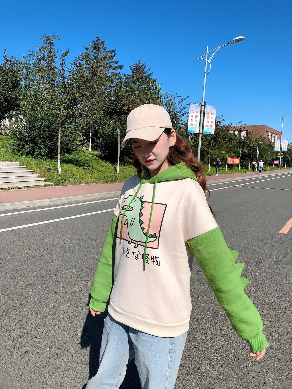 Cute 3D Funny Dinosaur Cartoon Hoodie With Horns Sweatshirt Sweater Long Sleeve Pullover Cosplay E-Girl Kawaii Korean Japanese Harajuku Streetwear