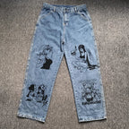 Cute Anime Girl Cartoon Print Denim Jeans Trousers Wide Leg Pants Bottoms Aesthetic Casual Summer E-Girl Kawaii Korean Japanese Harajuku