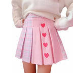 Pink Heart Plaid High Waisted Tennis Skirt Aesthetic Casual E-Girl Kawaii Korean Japanese Harajuku
