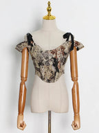 Cat Embroidery Lace Up Corset Top