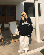 Black Letter Embroidery V Neck Long Sleeve Sweater