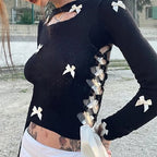 Black Bow Ribbon Hollow Out Knit Long Sleeve Shirt