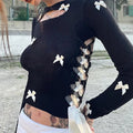 Black Bow Ribbon Hollow Out Knit Long Sleeve Shirt