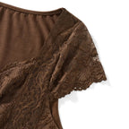Brown Lace Trim Short Sleeve Shirt