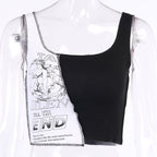 Cute Sexy Black White Patchwork Print Tank Crop Top Sleeveless Shirt Punk Bodycon Aesthetic Goth E-Girl Kawaii Korean Japanese Harajuku Streetwear