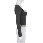 Grey Patchwork Square Neck Collar Long Sleeve Shirt