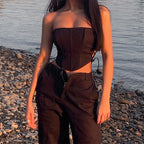 Sexy Black Corset Lace Tie Up Bustier Crop Top Sleeveless Strapless Vest Party Club Aesthetic Goth E-Girl Kawaii Korean Japanese Harajuku Streetwear
