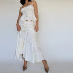 2PCS White Ruffle Camisole + High Waist Long Skirt