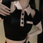 Black Off Shoulder Hollow Out Short Sleeve T-shirt
