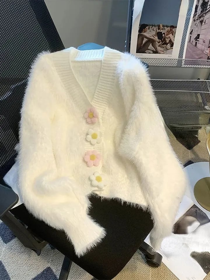 Fluffy Flower Button Cardigan