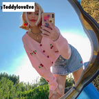 Cute Sweet Cherry Embroidery V Neck Knit Vest Long Sleeve Cardigan Crop Top Sweater Sweatshirt Pullover Jumper E-Girl Kawaii Korean Japanese Harajuku