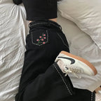 Floral Embroidery Black Cotton Pants
