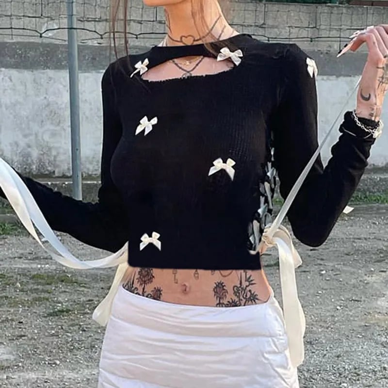 Black Bow Ribbon Hollow Out Knit Long Sleeve Shirt
