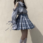 Blue Peterpan Collar Bow Lantern Long Sleeve Shirt