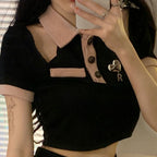 Black Off Shoulder Hollow Out Short Sleeve T-shirt