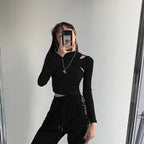 Cute 2pcs K-pop Black White Hollow Knit Long Sleeve Shirt Crop Top Fitness Streetwear Summer Aesthetic Casual E-Girl Kawaii Korean Japanese Harajuku