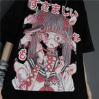 Cute Japanese Girl Punk Goth Print Oversized Short Sleeve Shirt Tee T-shirt E-Girl Kawaii Korean Japanese Harajuku Retro Streetwear Aesthetic