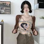 Anime Print Square Neck Long Sleeve Shirt