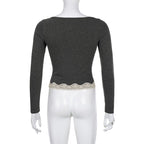 Grey Patchwork Square Neck Collar Long Sleeve Shirt