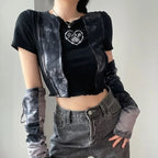 Black & Grey Patchwork Crop Top with Sleeve