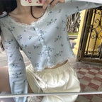 Sweet Floral Lace Chic Cardigan Patchwork Long Sleeve Shirt Crop Top Casual Summer E-Girl Kawaii Korean Japanese Harajuku