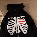 Retro Rib Skeleton Print Long Sleeve Hoodie Jacket Zipper Pullover Casual E-Girl Kawaii Korean Japanese Harajuku Streetwear