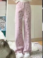 Pink Teddy Bear Print Straight Leg Pants