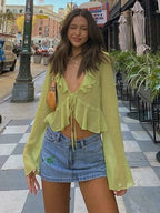 Green Sheer Flare Long Sleeve V Neck Blouse