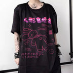 Cute Black Rabbit Bunny Print Oversized Loose Short Sleeve Shirt Tee T-shirt Summer Casual Goth Punk E-Girl Kawaii Korean Japanese Harajuku Streetwear