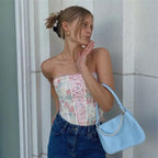 Pink Floral Print Corset Bandage Bustier Crop Top Sleeveless Shirt Summer Aesthetic Casual E-Girl Kawaii Korean Japanese Harajuku