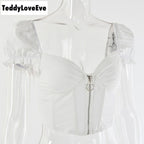 Cute Sexy V Neck Corset Backless Summer Zipper Beach Crop Shirt Tee T-shirt E-Girl Kawaii Korean Japanese Harajuku Chinese Retro Streetwear Aesthetic