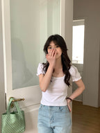 White Puff Sleeve Square Collar Top