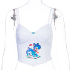 Cute Cartoon Graphic Lace Vintage Spaghetti Strap Crop Top Shirt Tee T-shirt E-Girl Kawaii Korean Japanese Harajuku Chinese Retro Streetwear Aesthetic