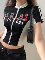 Retro Zipper Patchwork Crop Top